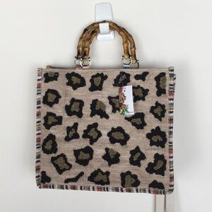 Leopard Print Bamboo-Handle Tote Bag in Beige and Black